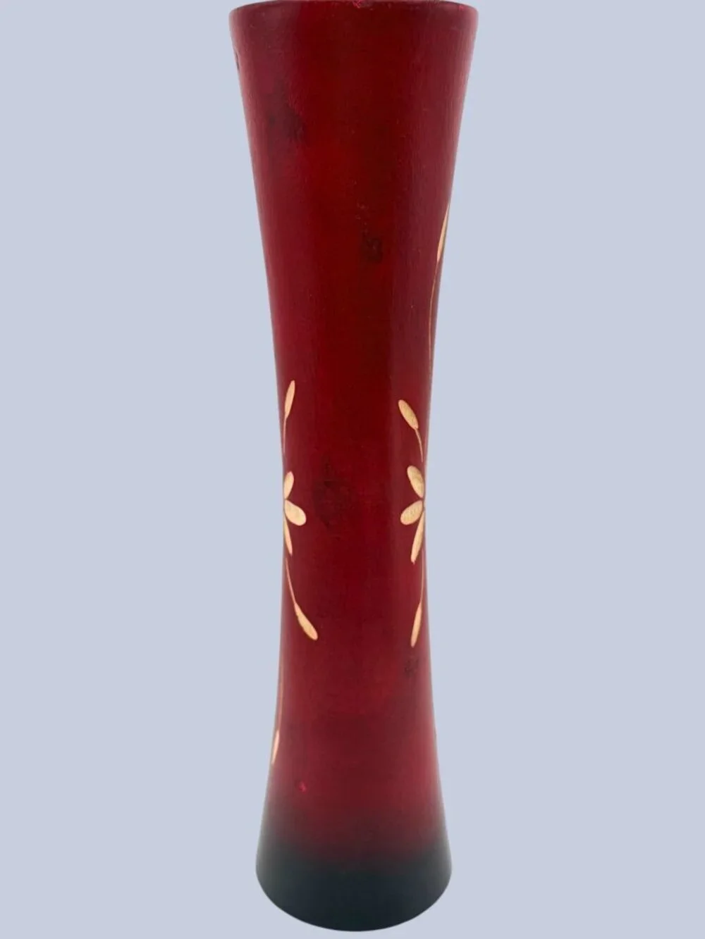 Vintage Jamaican Hand Carved Wood Vase Red Floral Folk Art Souvenir 12”